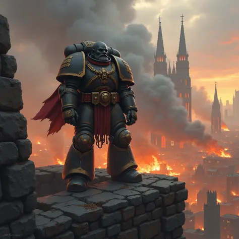 --prompt a digital painting of a Space Marine standing on top of a crumbling wall, holding a bolter, dramatic lighting, background of a burning city, Warhammer 40k, cinematic --style best of artstation --ar 3:2
