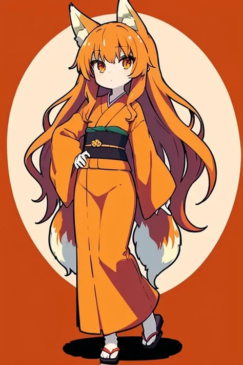 full body, humanoid fox girl, anime fox girl, long wavy orange hair, japanese yukata