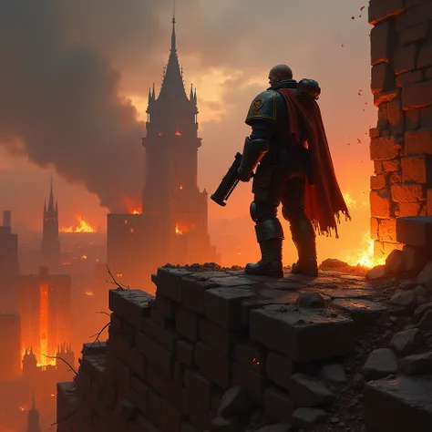 --prompt a digital painting of a Guardsman standing on top of a crumbling wall, holding a lasgun, dramatic lighting, background of a burning city, Warhammer 40k, cinematic --style best of artstation --ar 3:2
