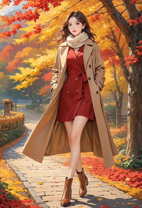 Highest quality、High resolution、Detailed Background、(Beautiful face in every detail:1.4)、20 year old beauty、Perfect body line、
As the cool autumn breeze blows、Pretty woman、紅葉したwood々Standing against the backdrop of、
A soft mid-calf dress、Wearing a beige coa...