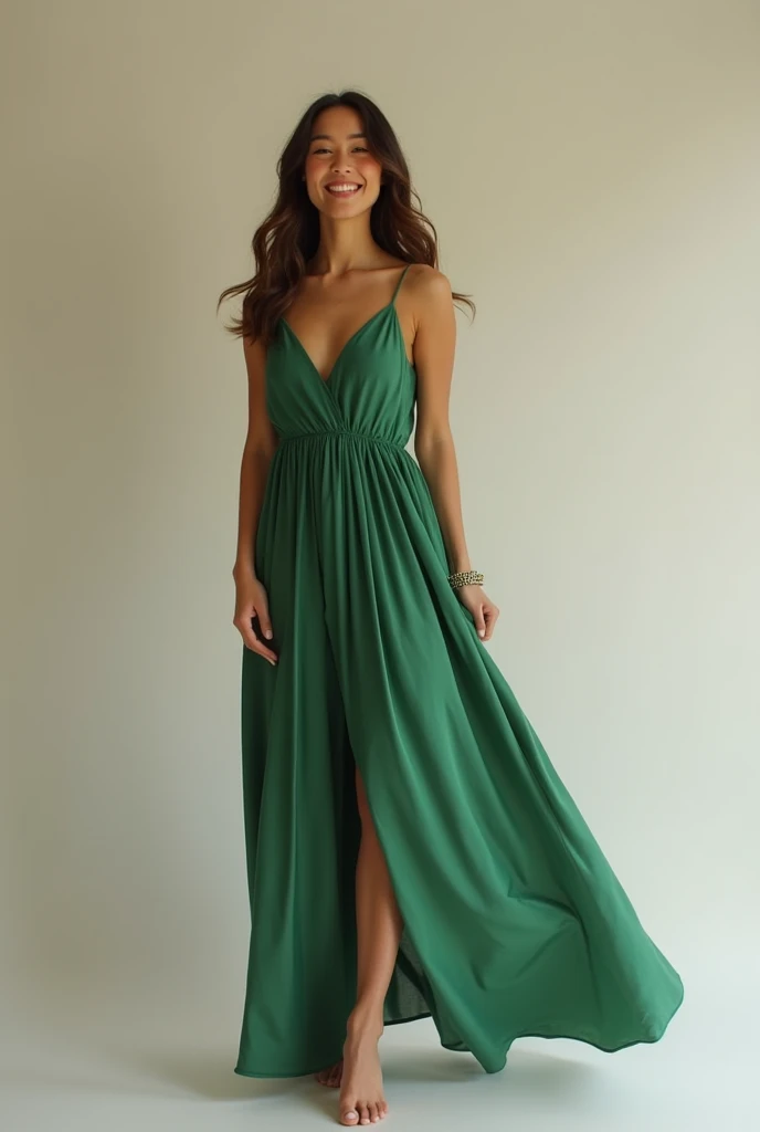 Create a real photograph, of a thin woman, de corpo inteiro, in a green dress celebrating her success