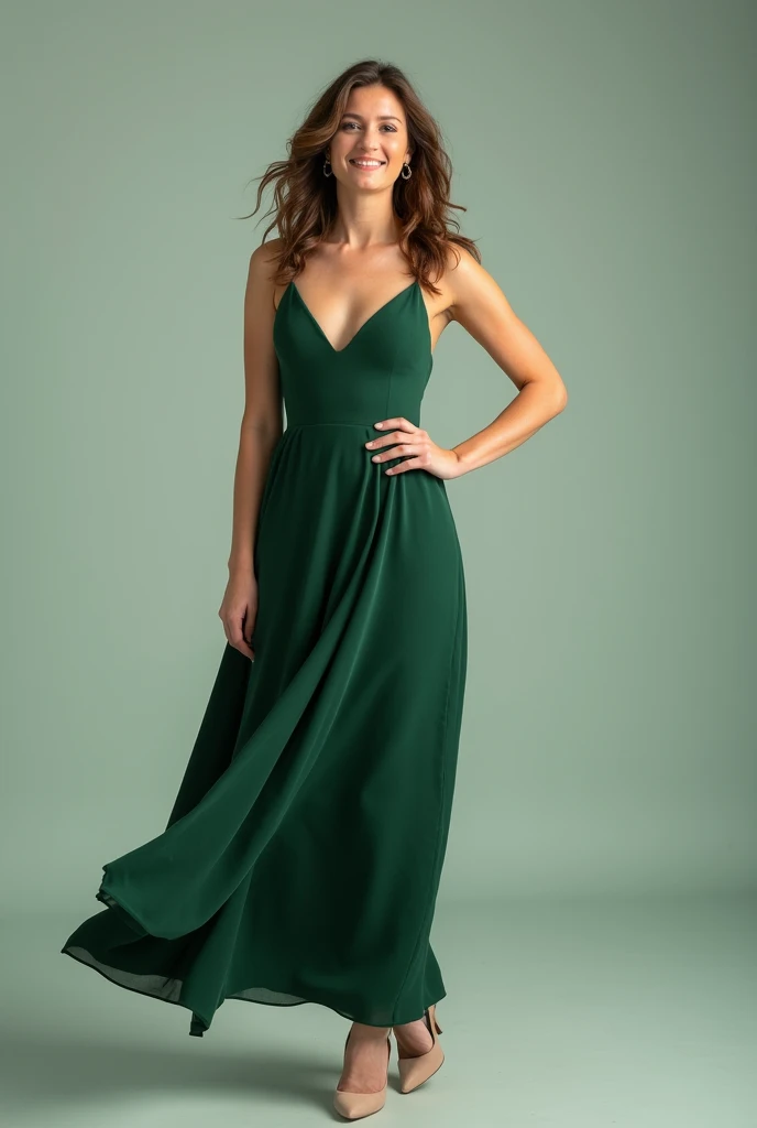 Create a real photograph, of a thin woman, de corpo inteiro, in a green dress celebrating her success