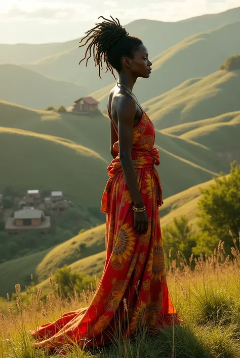 femme africaine sur le haut dune colline ,jolie payage avec un village en fond 