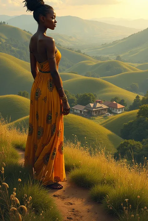 femme africaine sur le haut dune colline ,jolie payage avec un village en fond 