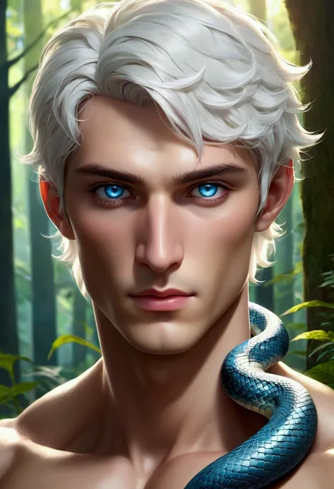 ((best quality)), ((masterpiece)), (detailed), perfect face, a beautiful man, he is half human and half snake, he has a human face with gentle traits, he has a human torso, from the torso down he is a snake. He has white short hair and sky blue eyes, his s...