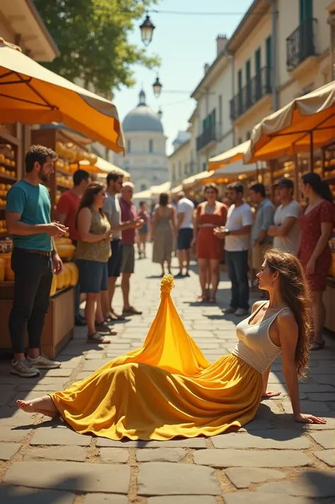 make a woman lying on the floor in a skirt, with a cheese coming out of her skirt, and everyone around her looking at her in silence (the girl is in a square with cheese stalls nearby) and it has to have the owner, he needs to be loud and angry