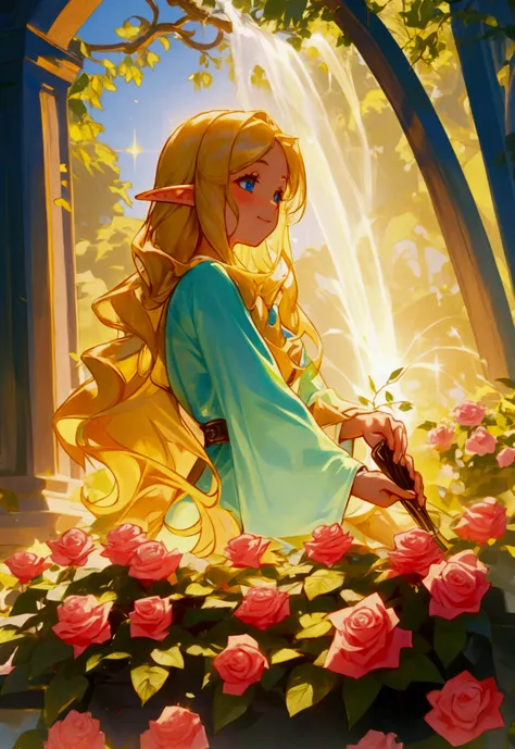 A young girl named Clara, with long flowing hair, finds herself in a magical garden filled with vibrant roses. She gazes in wonder at a sparkling fountain, where a mystical little elf with a gentle smile appears before her, promising to fulfill her dreams....