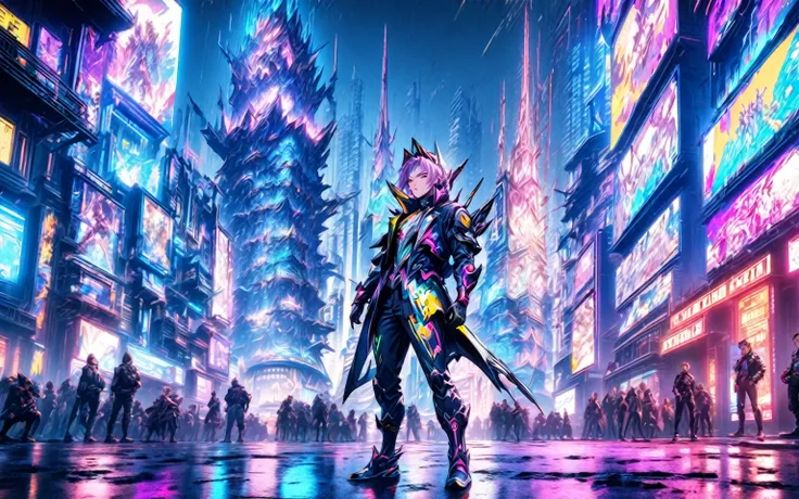 anime style screenshot of a man in a futuristic city, Cyberpunk art inspired by Sebastian Vrancx, Trends in CG society, neo-dada, cyber universe style, tower of fantasy setting, en tower of fantasy 2077, Hyper Ultra detailed, 8k Character Details, hero pos...