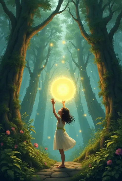 (work of art, best qualityer:1.2), girl reaching for an energy orb between tall trees in a fantasy forest full of fireflies