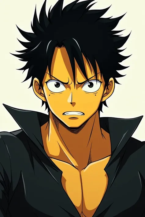 a white human man in the style of one piece, Bblack hair, you look yellow, and black clothes