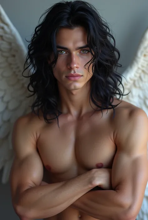 man who is 20 years, white race, masculine features, the most beautiful man, long jet black hair, so black hair, hunting ametis eyes, angel beauty, angel, eyes hunting, hot body, sexy, passionate 