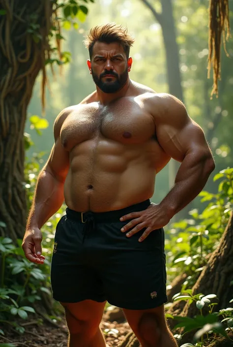 Teacher:1. 60,  White man , horny brown hair, strong chubby, hairy torso sexy look in a forest wearing black shorts waves with one hand 