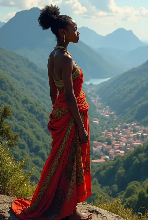 femme africaine sur le haut dune montagne, jolie payage avec une ville en fond,le regard vers nous