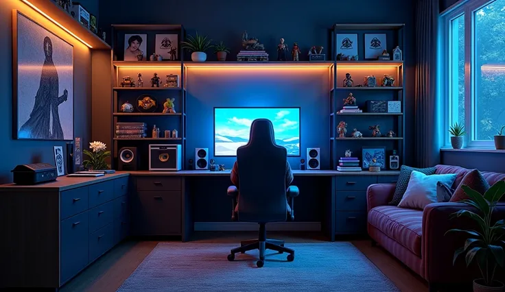 An illustration of a modern video gamers room. There are shelves on the wall showing various pieces of gaming memorabilia, including collectibles from diverse popular games. A high-quality surround sound system is installed, providing an immersive gaming e...