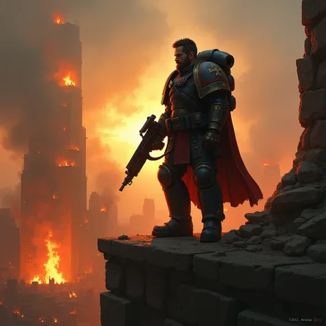 --prompt a digital painting of a Guardsman standing on top of a crumbling wall, holding a lasgun, dramatic lighting, background of a burning city, Warhammer 40k, cinematic --style best of artstation --ar 3:2
