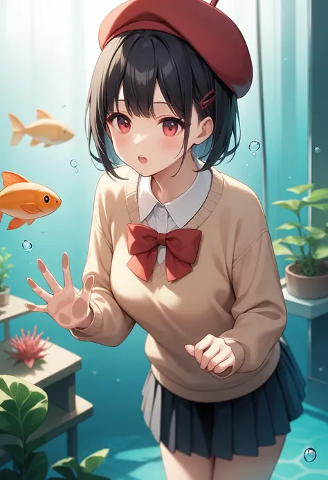 A scene in an aquarium, focused on an anime style girl with short black hair, dressed in a beige beret decorated with bunny ears and a bow, a peach colored sweater, and a dark skirt. The girl is standing in front of the aquarium glass, leaning forward slig...