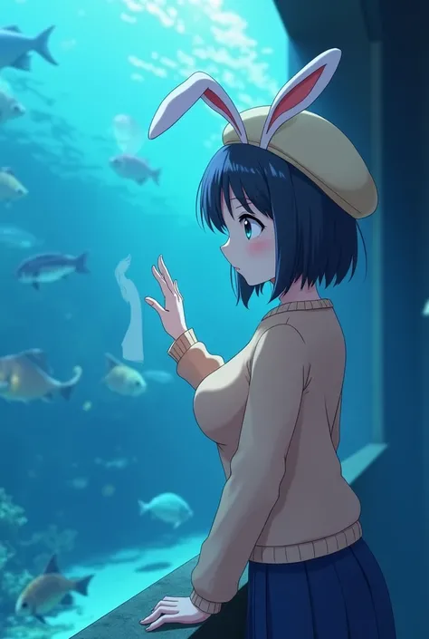 A scene in an aquarium with an anime-style girl with short dark hair. She is wearing a beige beret with bunny ears., a peach-colored sweater and a dark skirt. The girl is standing with her torso slightly leaning forward., looking curiously through the aqua...