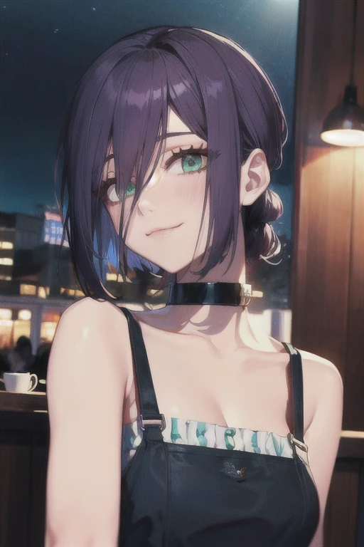 (Highest quality)、(Highest quality)、cut、Chainsaw Man、cute、(choker).eyes are emerald、Her hair is purple、Short Bob、Beautiful night view、whole body、detailed、強力なdetailed、cut、((Keep your facial image)).((Cafe capacity)).((smile)).