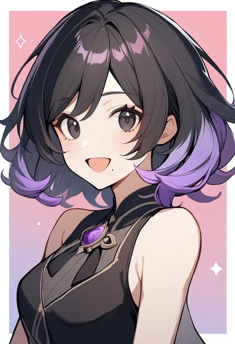 1girl, Gensin impact style, solo, looking at viewer, smile, open mouth, black hair, upper body, purple hair, :d, multicolored hair, sleeveless, medium hair, mole, (black eyes:1.5), v, gradient hair, border, pink background, mole under mouth