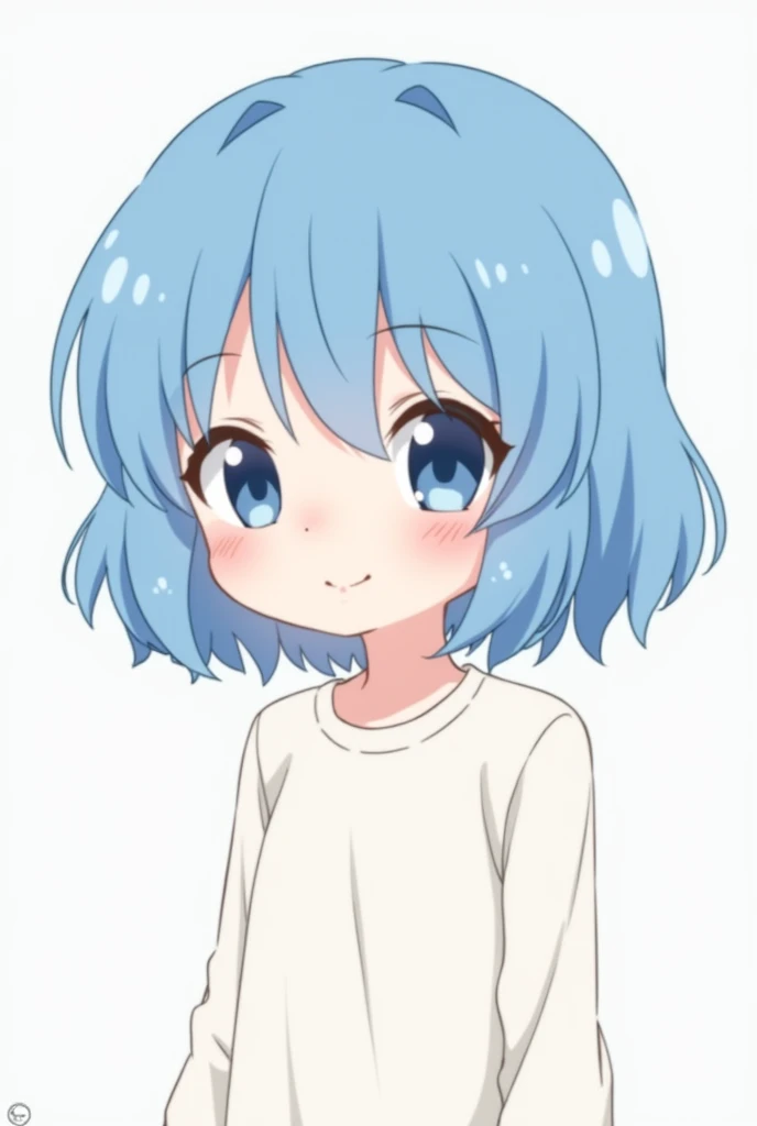 Blue haired animated character, white  shirt, eyes large, and that it is in a profile position 