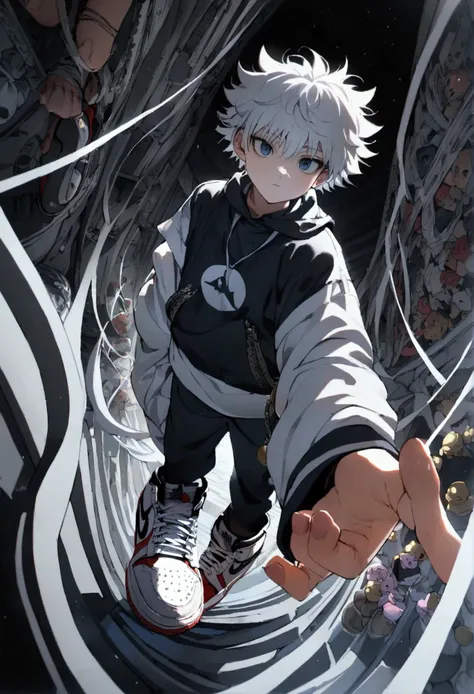 killua zoldyck, fullbody, hiphop clothes, baggy, perspective, detailed face, detailed hands, jordan 1 shoes.