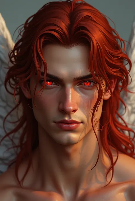 man who is 20 years, white race, masculine features, the most beautiful man, long  red hair, so dark red hair, hunting ruby red eyes, angel beauty, angel, eyes hunting, hot body, sexy, passionate , angel beauty