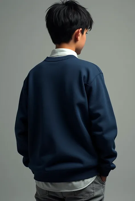 (photorealism:1.2), picture taken from behind a 16 year old boy, dark hair, latin, deep blue sweater and a white shirt, grey pants