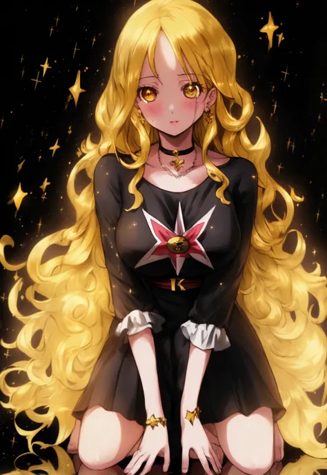 ((Maximum quality, 8k, work of art:1.3)), A detailed eye, (looking from the front), Look to the camera, ((Everything is sparkling、reflecting light:1.2)), (best proportion: 4 fingers, 1 Thumb),  ((Black Maria from One Piece))), long hair, yellow hair, cute ...