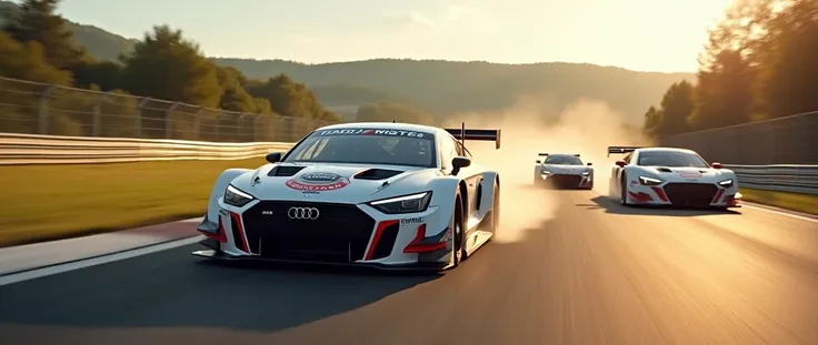 White Audi RS 3 LMS, passing several cars on a track during the day.