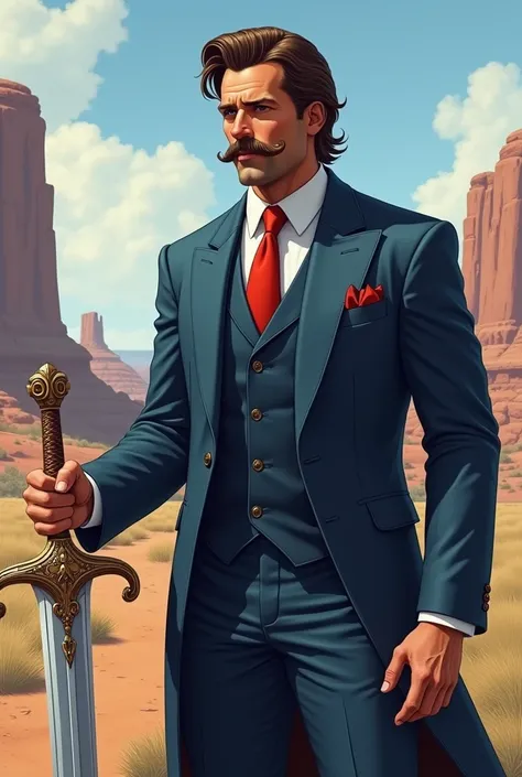 He is a man standing at 1.15 meters tall with a normal build. He has medium-length brown hair and he has a Mutton Chops. He is very well-dressed in a blue suit with a red tie. He carries the legendary sword Excalibur and has a magnificent and especially ca...