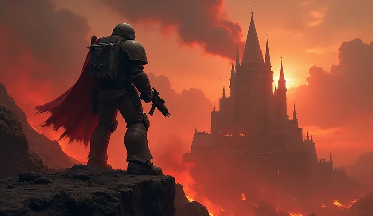 "Create a dramatic and epic album cover for a song titled Cadia Stands. The cover should be in the grimdark style of Warhammer 40,000. Depict a colossal, imposing fortress wall of Cadia with a backdrop of raging, infernal flames and a sky filled with dark ...