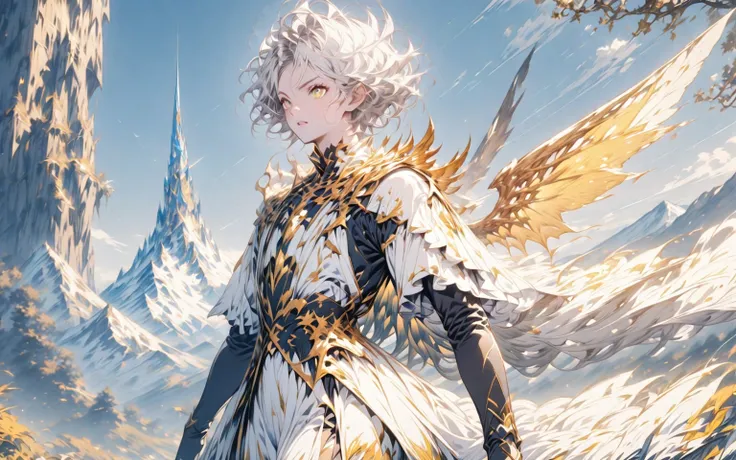 anime character man dressed in black with yellow and white standing in front of a mountain, an image inspired by a tower of fantasy character with white hair white blade-shaped wings with yellow