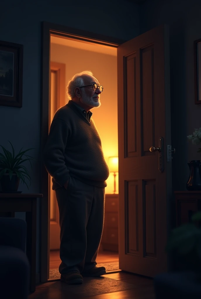 A grandfather standing in the doorway of a room at night, with glasses and smiling.