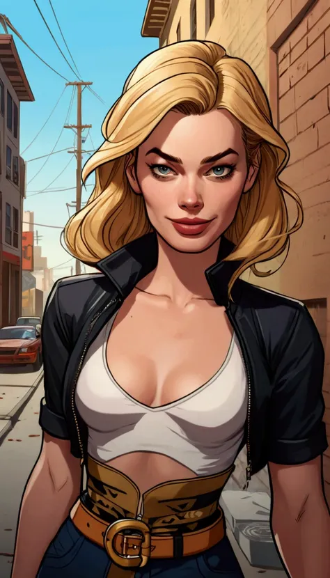 a cartoon image of a woman in a black jacket and a white blouse, margot robbie em gta v, art gta 5 comics, artgasm, Betty Cooper, black canary, gta v artwork style, urban girl fanart, Terry Moore, zenoscope, style artgerm, Gwen Stacy, portrait of emma fros...