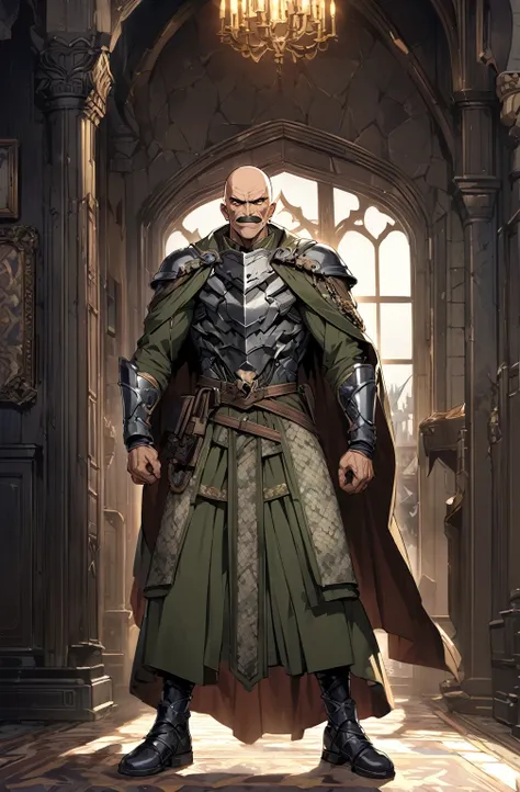 masutepiece, Best Quality,  Highly detailed, epic exquisite character art, A Man, (((Solo))), (muscular guy, Middle Age, 50 years old, , Bald, shaved hair, Black short mustache), (Paladin Knight of Arab aesthetics, Wearing a military uniform with a camoufl...