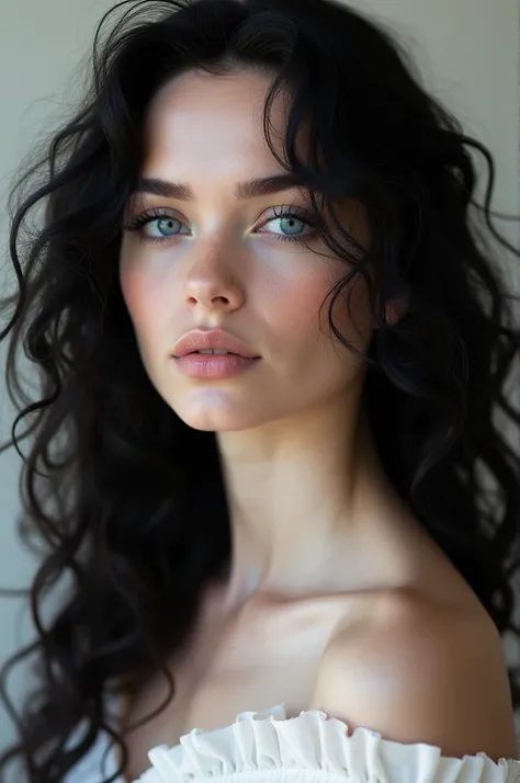 Pale skin model with blue eyes and black curly long hair. Full body