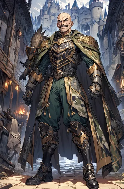 masutepiece, Best Quality,  Highly detailed, epic exquisite character art, A Man, (((Solo))), (muscular guy, Middle Age, 50 years old, , Bald, shaved hair, Black short mustache), (Paladin Knight of Arab aesthetics, Wearing a military uniform with a camoufl...