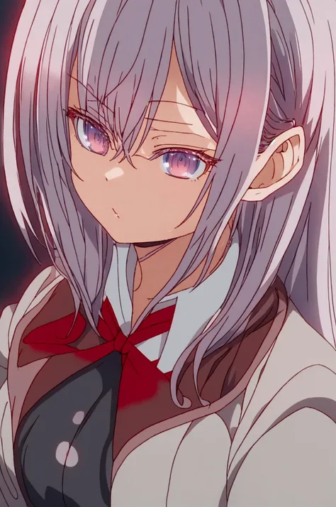 アニメ, female character ,alya-san,beautiful silver hair with a ribbon tied ,student uniform ,medium breasts ,ultra quality .