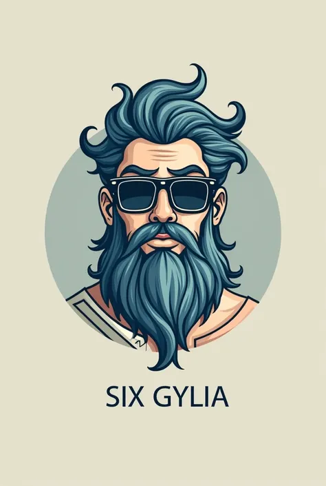 a logo for a brand with Poseidon the Greek god with glasses with the number 6 and the name Six Gylia which is not so colorful
