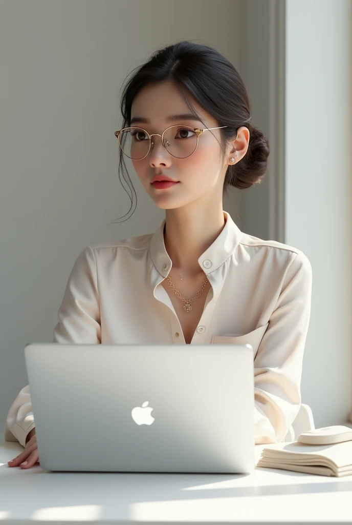 an elegant woman with glasses at a white desk with a macbook, Thinking 