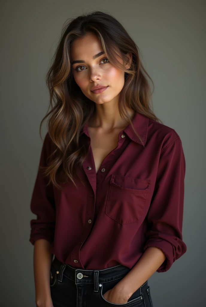 A woman of gentle demeanor with captivating brown eyes, her brown hair with white highlights is the focus of the image. She is wearing black jeans with a burgundy button-down shirt., with the sleeves rolled up.