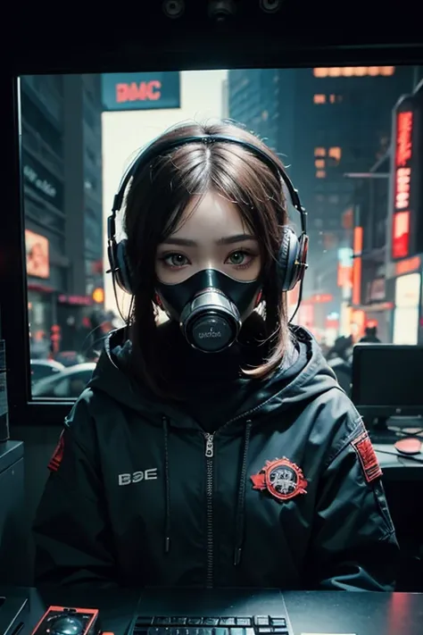 high quality face, a woman wearing a gas mask with headphones on her face and a hood over her face, Beeple, cyberpunk style, cyberpunk art, computer art, high quality, masterpiece, 8k