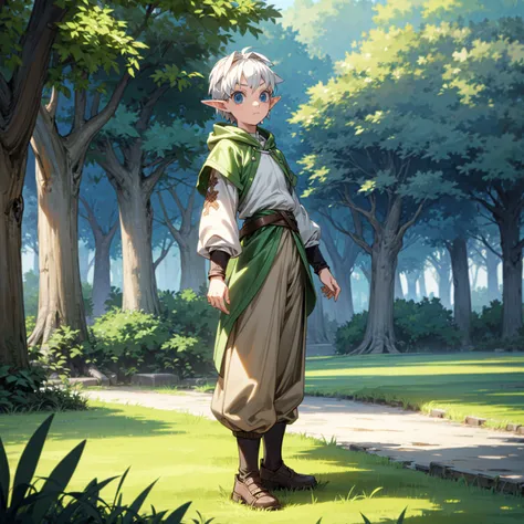 solo character, full body version, kid boy, (elf), blue eyes, white color hair, undercut hair, hoodie clothing, brown pants, sho...