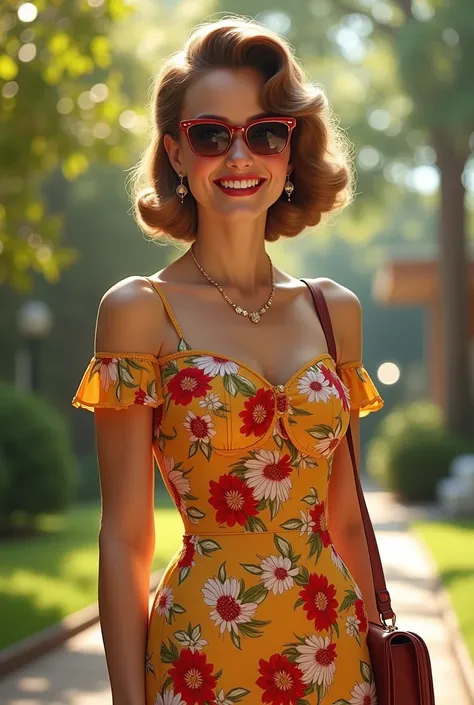 American woman in the 1960s. with floral dress.

