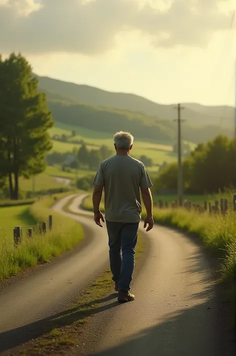 A man walking on a road, The image is realistic and has a cinematic effect