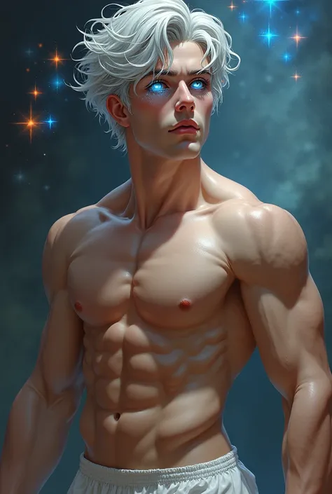 (Close-up of a better masterpiece: 1.5) 0.9], (muscles and naked men: 1.2) (Disheveled silver hair: 1.1) (Xanthochromia heterochromia and blue eyes: 1.2) (white underpants: 1.0) (colorful stars in the eyes: 1.0) (A radiant glow: 1.1) (thick lips: 0.9)