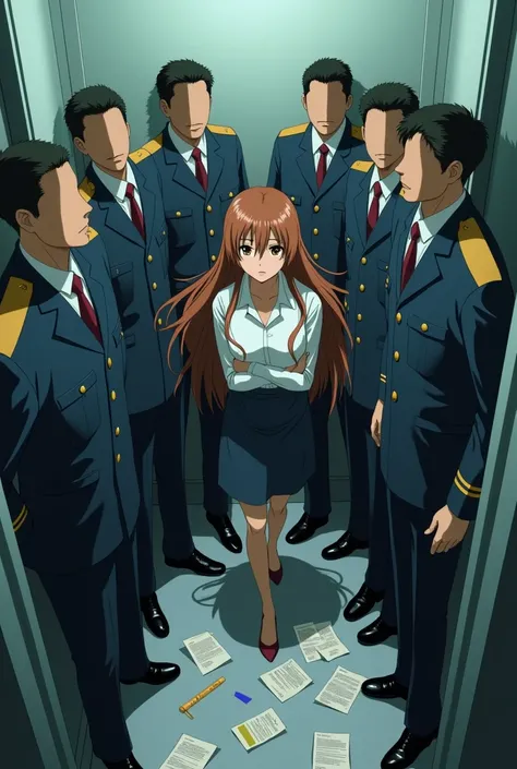 Anime office worker in proper skirt with paperworks long brown hair lady really stuck in elevator no space with anime fully covered 7 soldiers cod men
