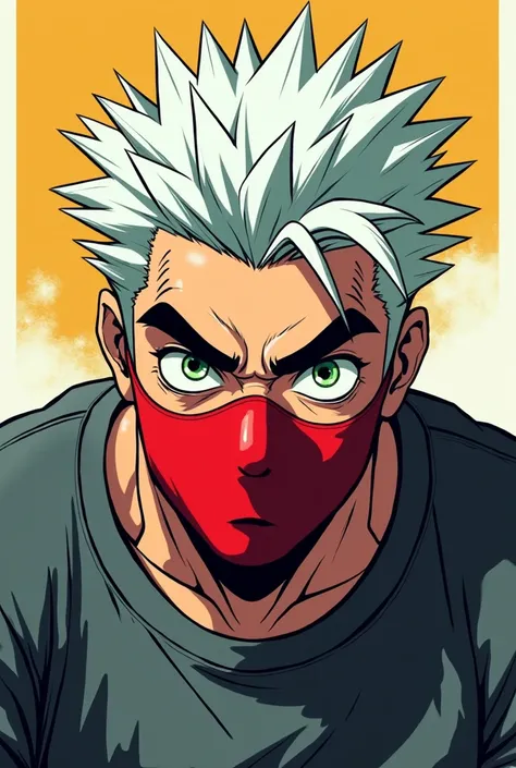 JoJo 2D style character, I will keep the main features, male character, like spiky white hair, a red mouth mask and round dull green eyes with a tired expression, black eyebrows, wearing a dark gray sweatshirt.