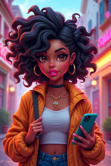 woman with very curly and frizzy hair and blacks, thick and pink lips, Brown eyes, fat and wide face, woman with cell phone in hand,  gamer clothes, styled, Disney movies