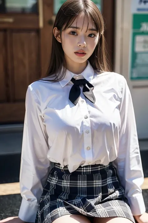 masterpiece, best quality, illustration, Super detailed, fine details, High resolution, 8k,wall paper, perfect dynamic composition,(Details High quality, realistic depiction of eyes:1.3), (school)、(white school shirt :1.2), (plaid skirt :1.3), large breast...